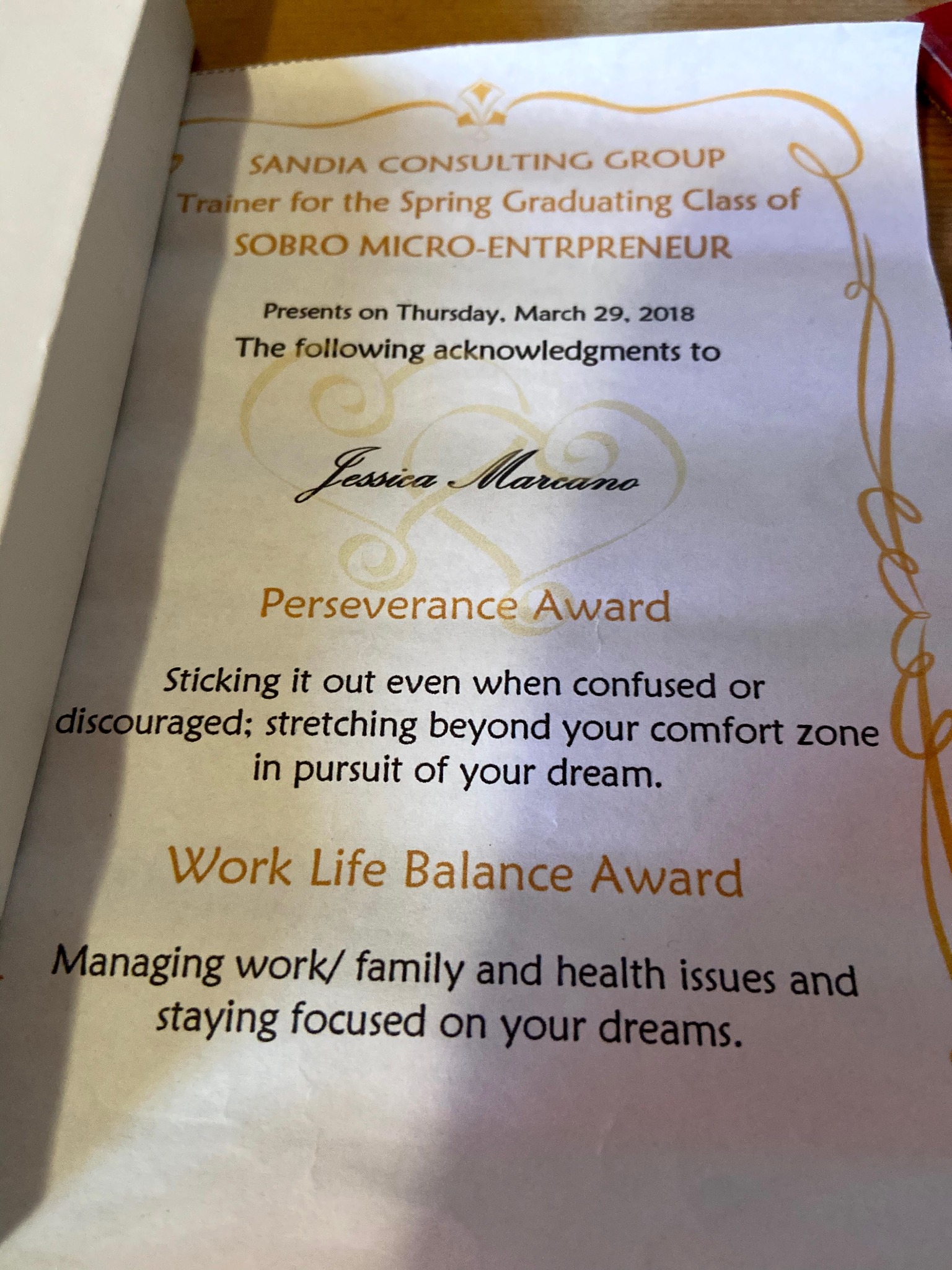 Perseverance Award recognizing Courage Coach Jess for following her dreams.